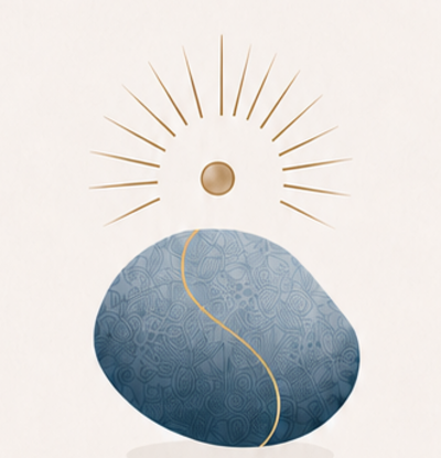 Logo de Mathilde de Chouly : galet bleu minéral traversé d’une ligne dorée, sous un soleil rayonnant